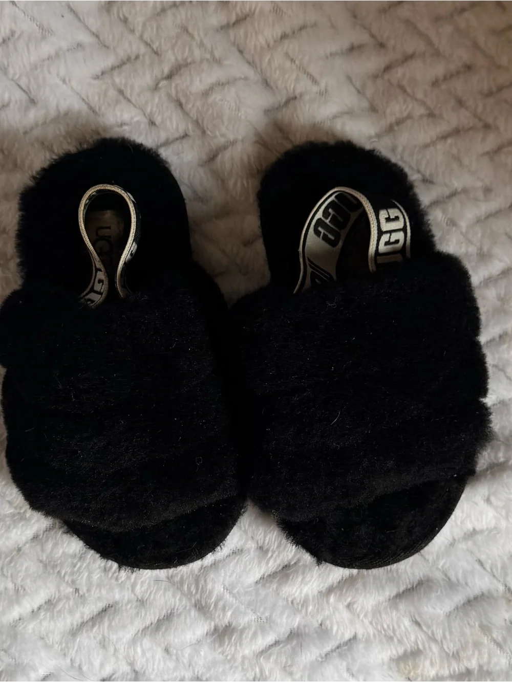 UGG Black Shearling Slide with Branded Elastic Heel Strap
